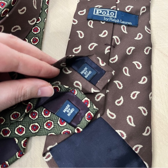 (2) Polo Ralph Lauren Silk Ties Green and Brown Patterned Paisley 4" - Picture 3 of 7